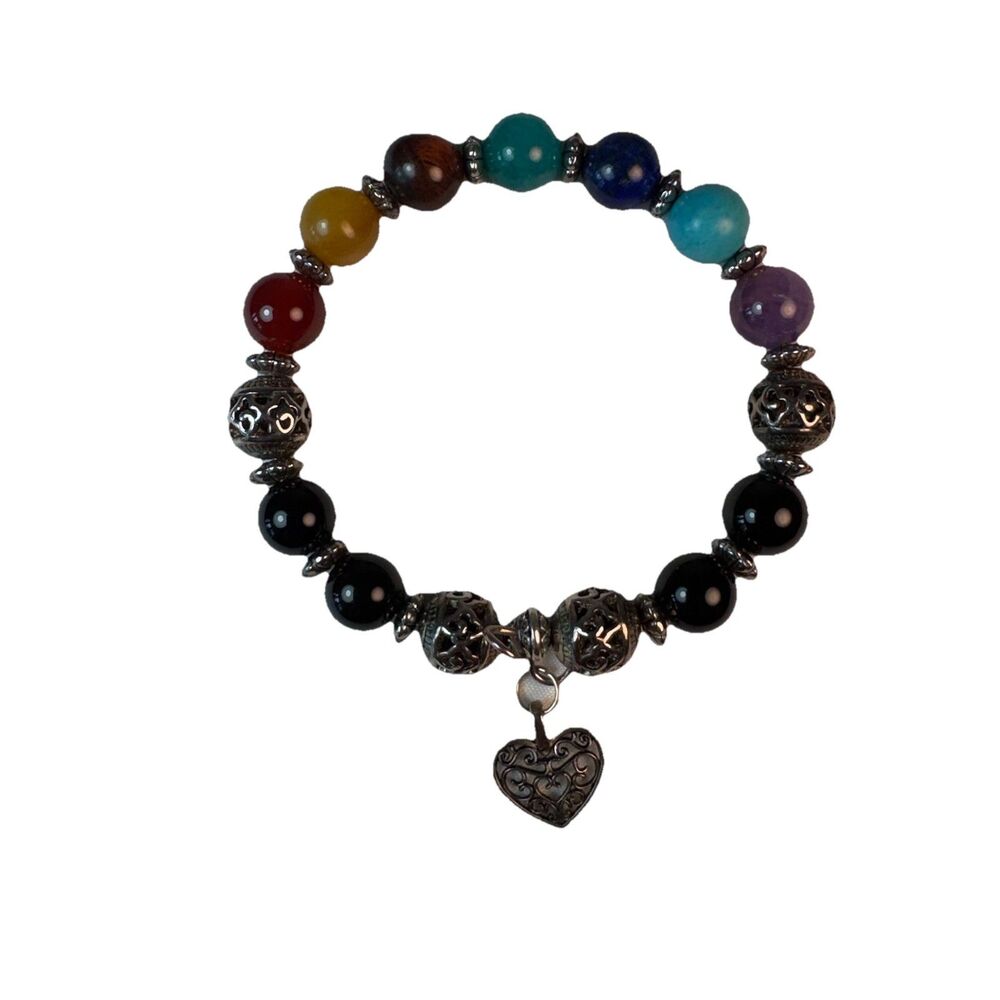 Vintage 7 Chakra Gemstone Beaded Bracelet Silver Filigree Heart Charm Onyx Boho